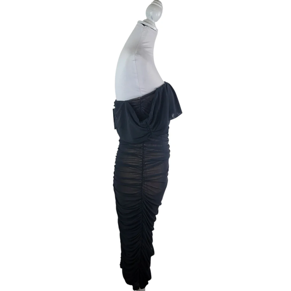 Off-Shoulder Black Ruched Bodycon Dress - Picture 5 of 11